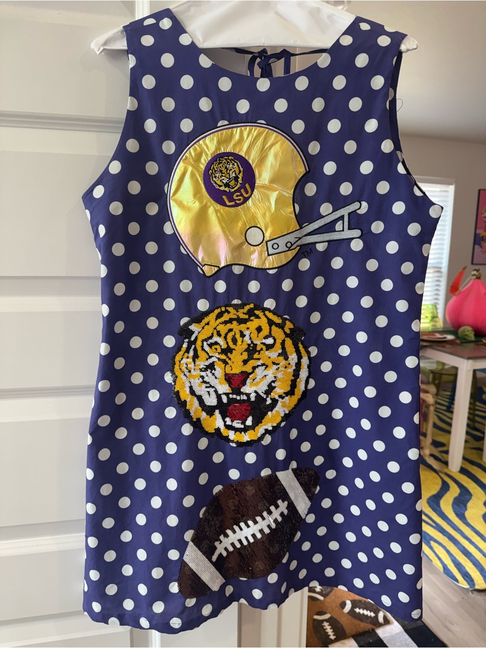 Queen of sparkles purple Polka Dot Football Dress with Tiger Patch